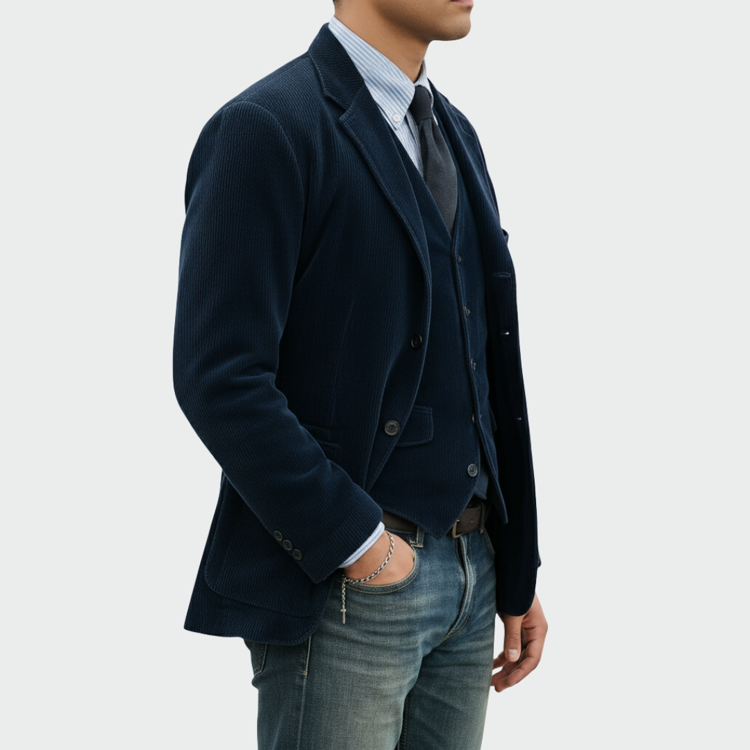 Veste en velours noire et gilet assorti de l'ensemble 2 pièces Danoir Paris, élégants et modernes, portés côte à côte.