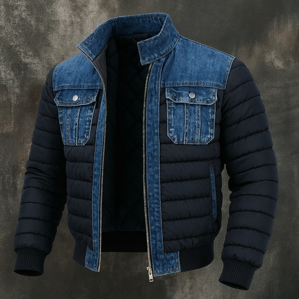 Veste hybride en denim Danoir Paris, coupe moderne avec détails stylés, portée sur un mannequin.