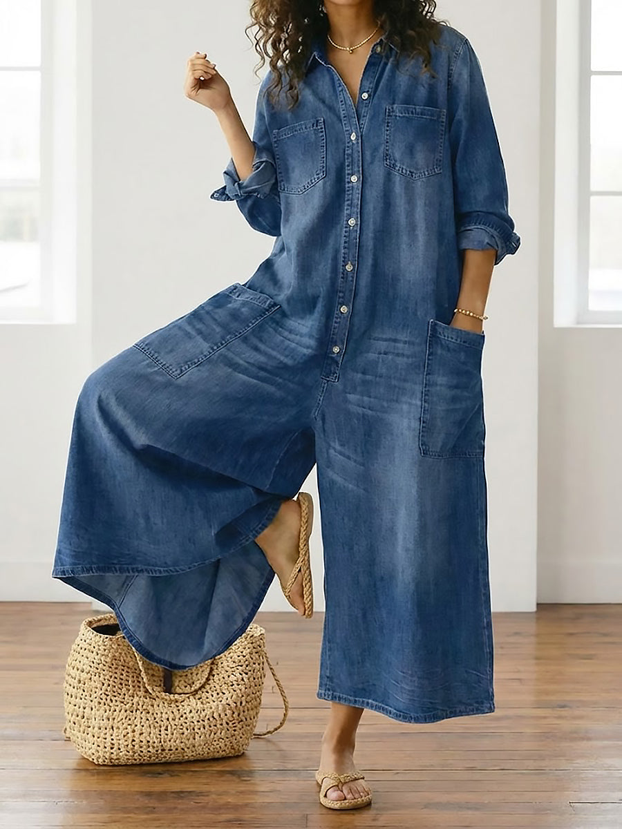 Salopette en denim vintage Danoir Paris, en coton lavé avec fermeture à boutons, vue de face.