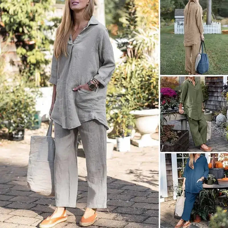 Ensemble Ella de Danoir Paris, vêtement chic et confortable, présenté sur un mannequin en tissu gris clair.