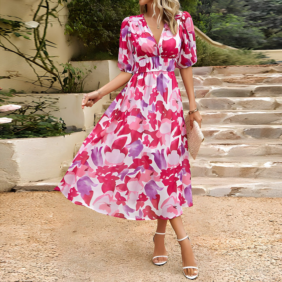 Robe midi élégante Jenny de Danoir Paris en tissu bleu chic, vue de face sur un fond neutre.