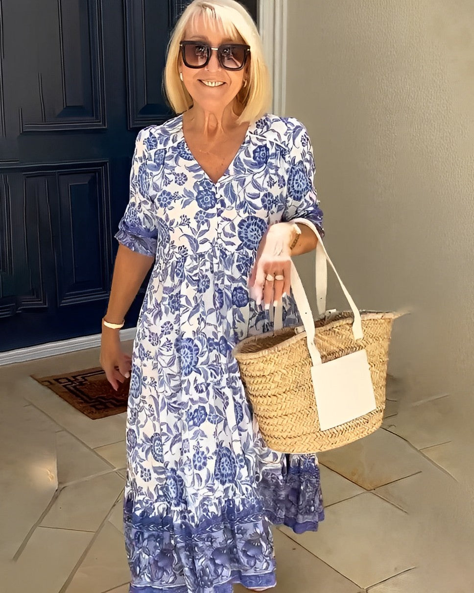 Robe fluide légère Madison de Danoir Paris, en tissu bleu, coupe flatteuse et élégante pour femme.