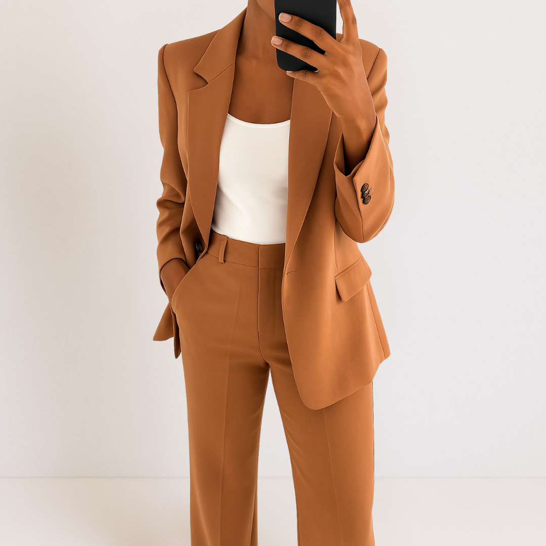 Vêtement féminin Danoir Paris Melanie - Ensemble chic avec haut et pantalon en tissu élégant, porté sur mannequin.