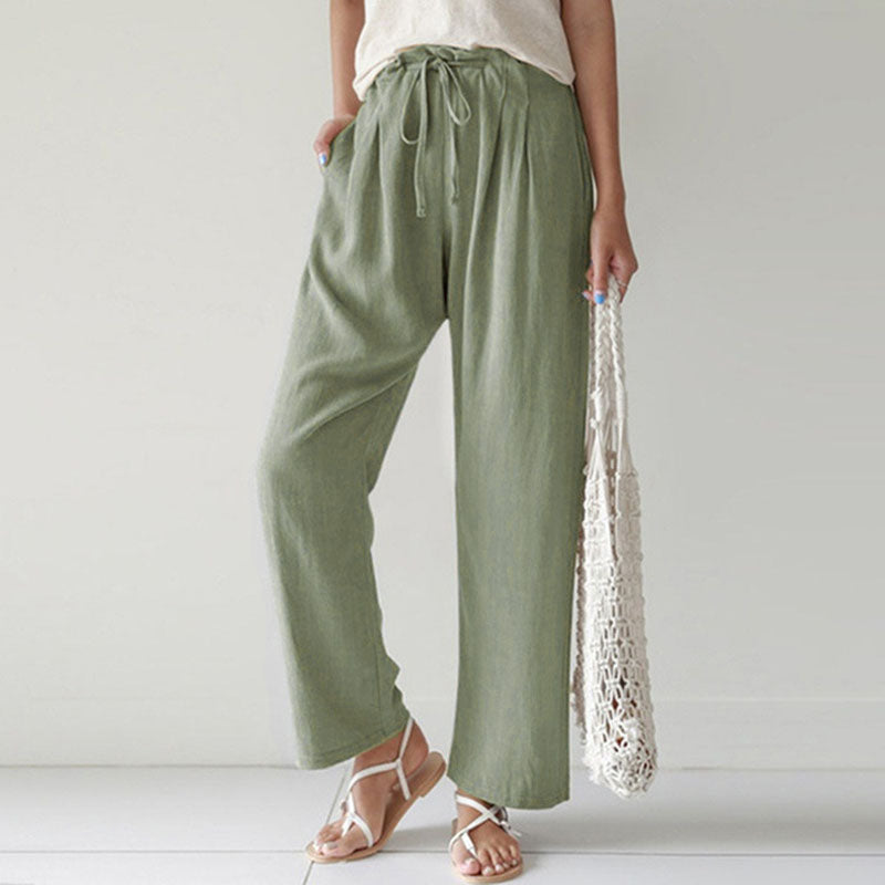 Pantalons relax Danoir Paris Vara avec corde, tissu léger et confortable, vue frontale sur la taille et le design décontracté.