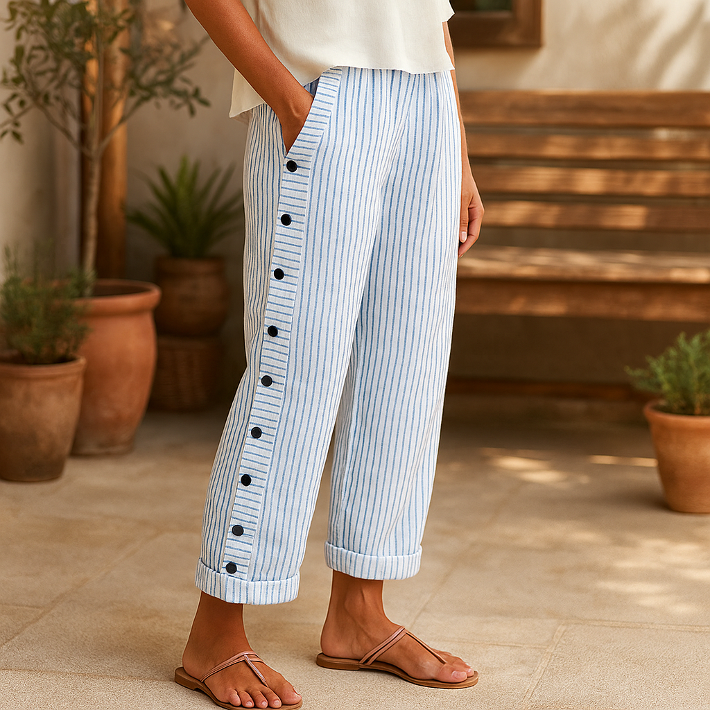 Pantalon en lin léger Dagny de Danoir Paris, pantalon à rayures, tissu respirant et confortable pour l'été.
