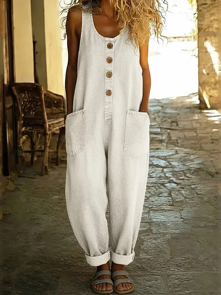 Tuta in denim di cotone vintage Lenna di Danoir Paris, vestibilità comoda e stile retrò, vista frontale.