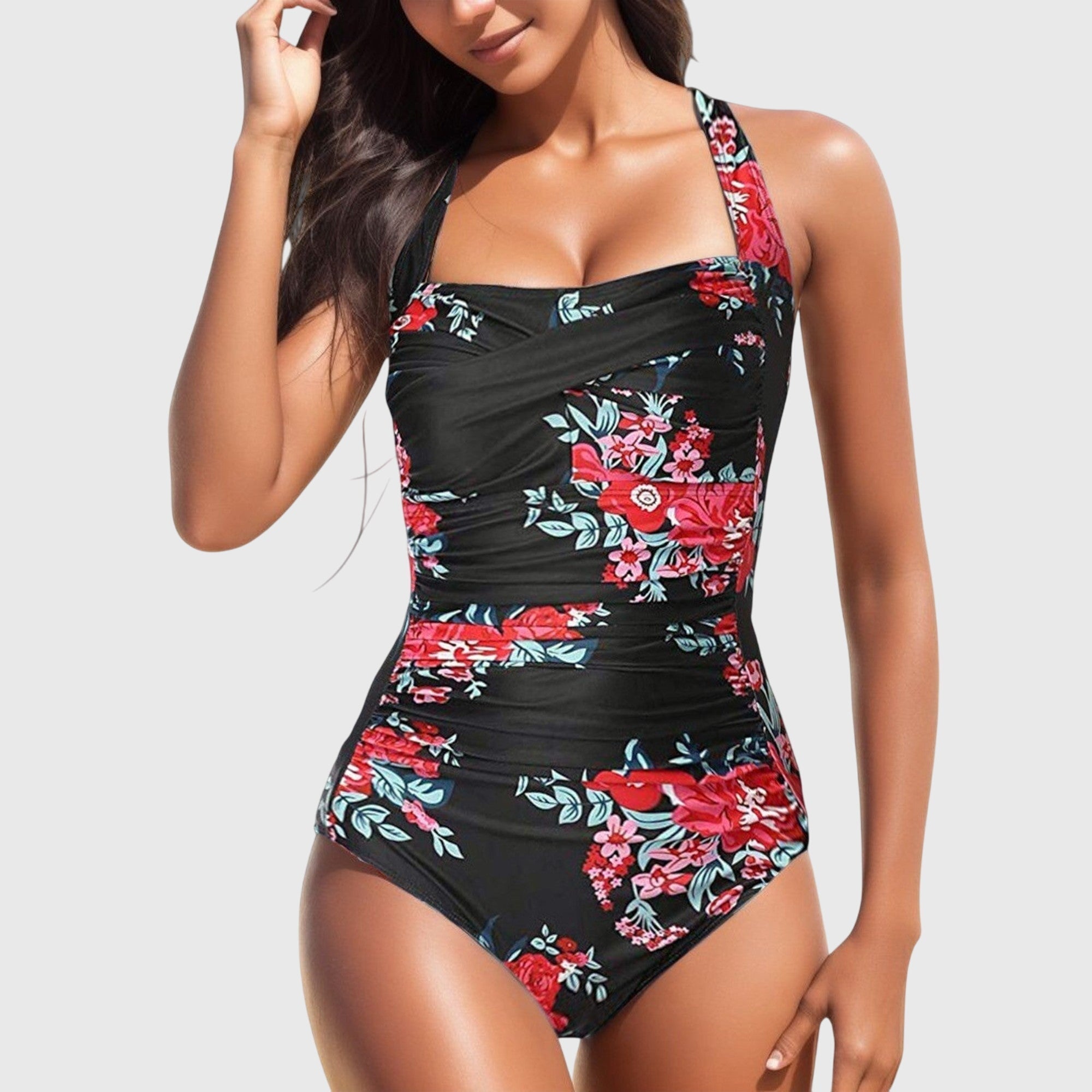 Maillot une pièce Lina de Danoir Paris en bleu et rose, vu en taille XS, avec détails de design moderne et style élégant.