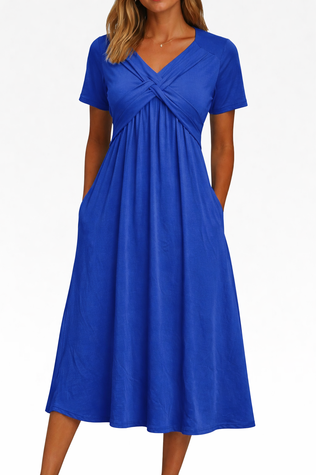 Robe Amanda de Danoir Paris en tissu bleu flatteur, vue en gros plan.