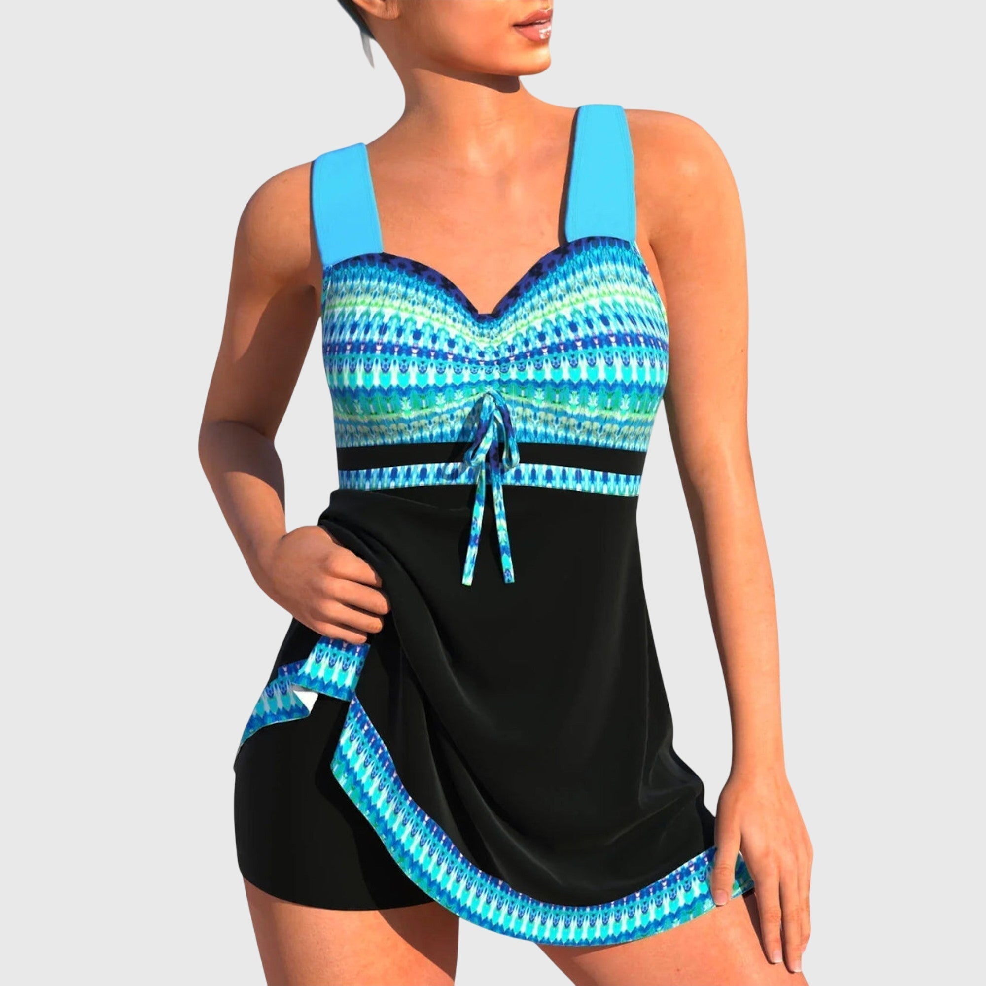 Maillot de bain deux pièces coloré Danoir Paris, haut et bas vibrants avec motifs multicolores, adapté pour la plage ou la piscine.