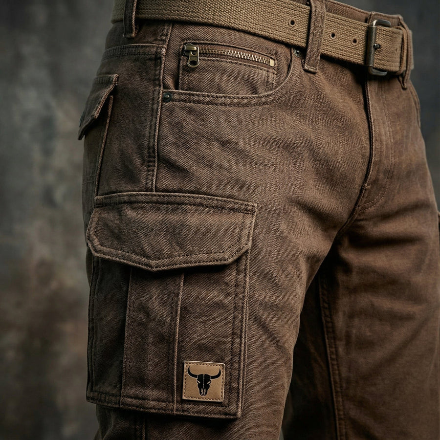 Pantalon cargo doublé Danoir Pairs™ de Danoir Paris, en tissu beige avec poches et finition doublée, vue de face.