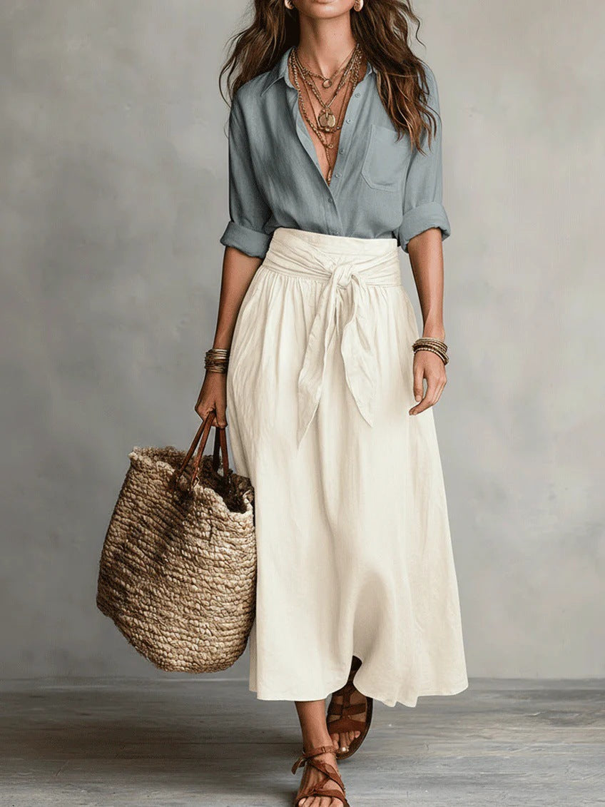 Ensemble co-ord vert olive Danoir Paris avec haut et jupe midi, style élégant et tendance pour femme.