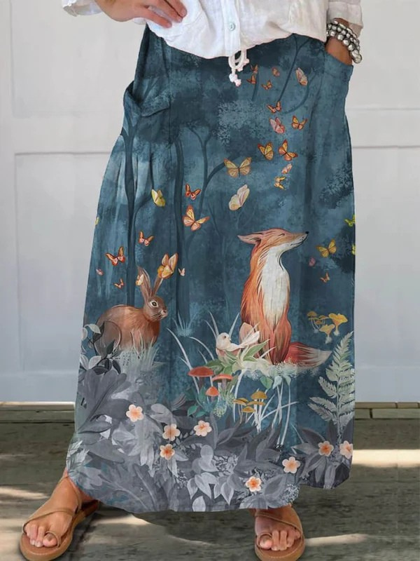 Jupe décontractée Roxy™ Danoir Paris bleu foncé, imprimé floral vintage avec animaux et poches latérales