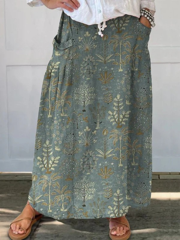Jupe Carly Danoir Paris à imprimé végétation woodland, taille élastique et poches, vert foncé
