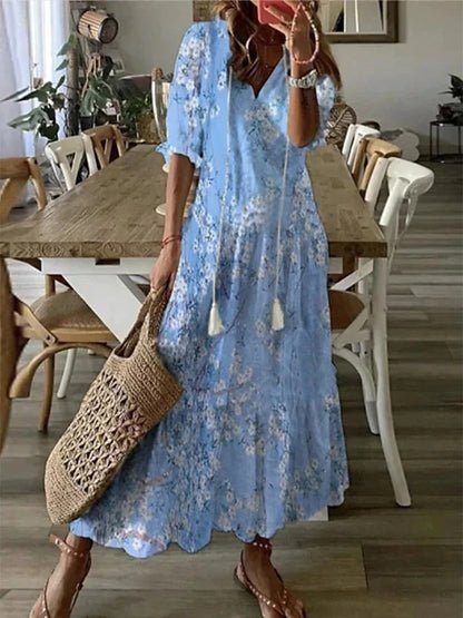Robe midi bleue Danoir Paris Luna, style boho sans effort, portée légère, tissu fluide et détails décontractés.