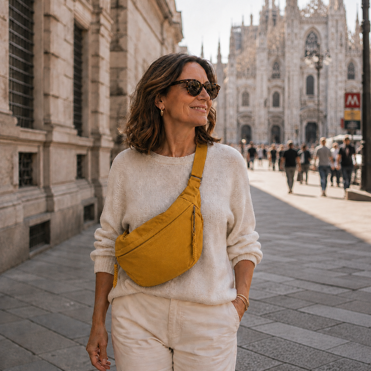 Sac à bandoulière Luce de Danoir Paris en cuir ocre avec poches extérieures et bandoulière ajustable, élégant et pratique.