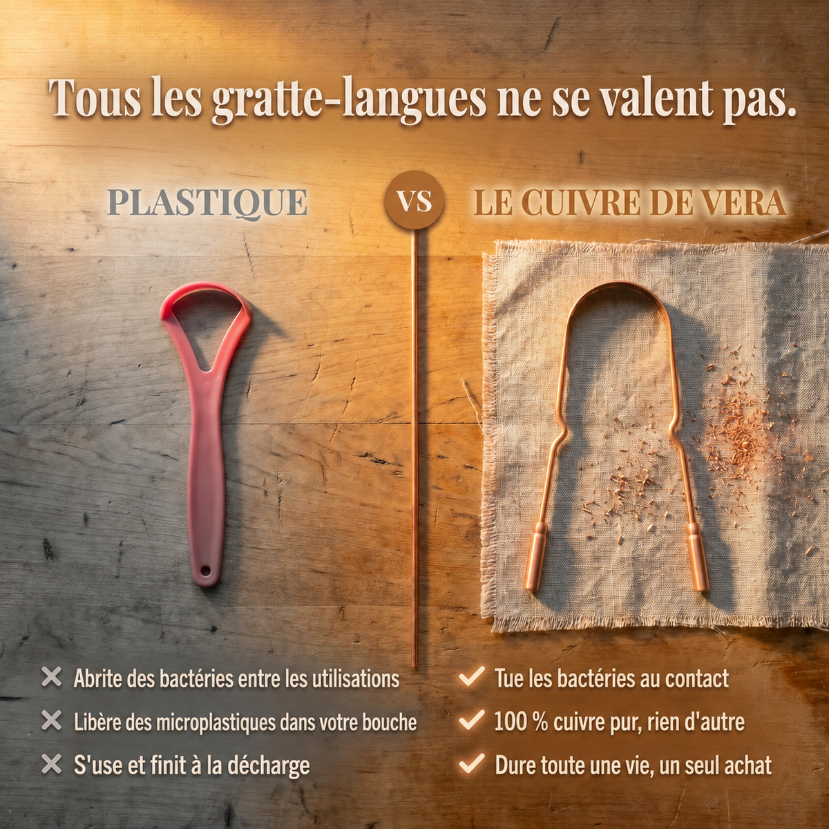 Gratte-langue en cuivre pur Danoir Paris, outil de nettoyage buccal avec surface lisse et ergonomique, pour une haleine fraîche.
