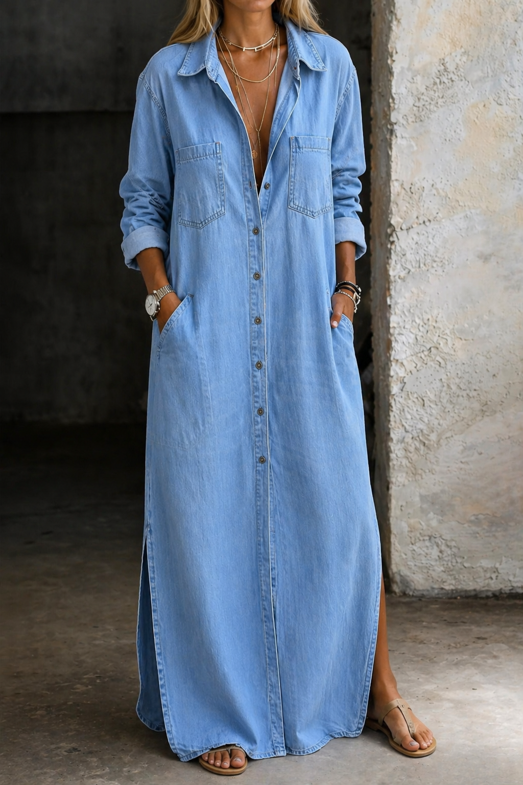 Robe en denim Andrea de Danoir Paris avec boutons, portée décontractée, vue de face sur fond neutre.