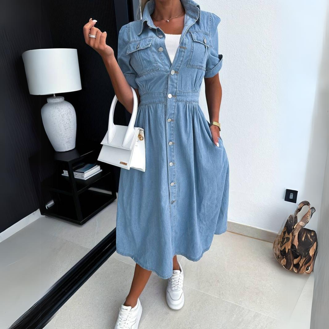 Robe en jean élégante Celina de Danoir Paris, coupe tendance, portée par une femme avec détails mode visibles.