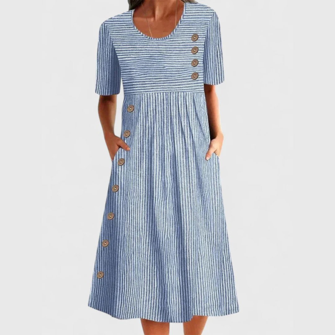 Robe midi rayée pour femme Danoir Paris, modèle Jarna en tissu bleu, vue de face avec détails de la coupe.