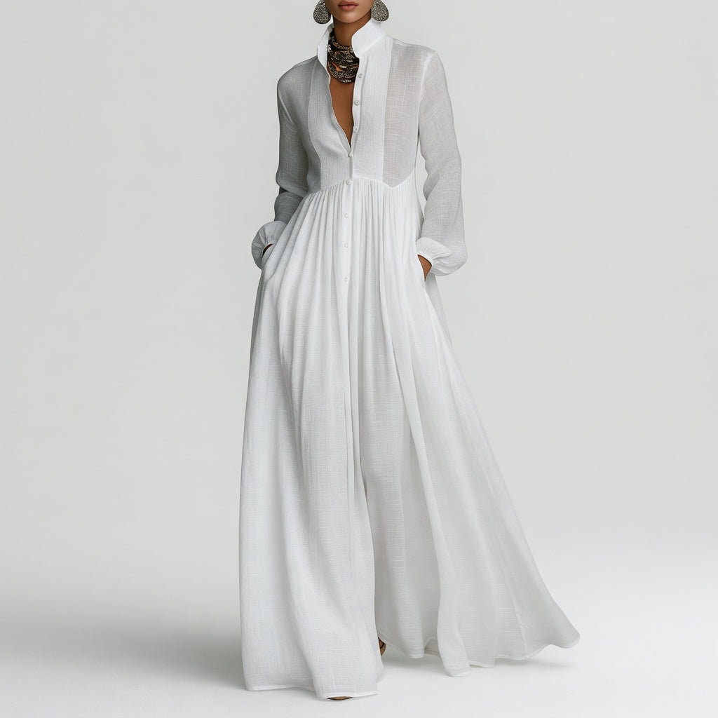 Robe maxi minimaliste Élisa™ de Danoir Paris, robe longue élégante en tissu fluide, portée décontractée ou chic.