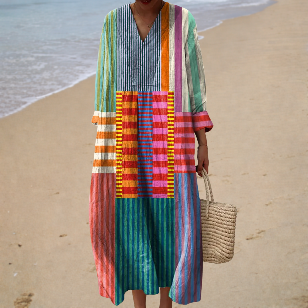 Robe colorblock artistique Frida de Danoir Paris, robe élégante avec design coloré, portée sur mannequin.