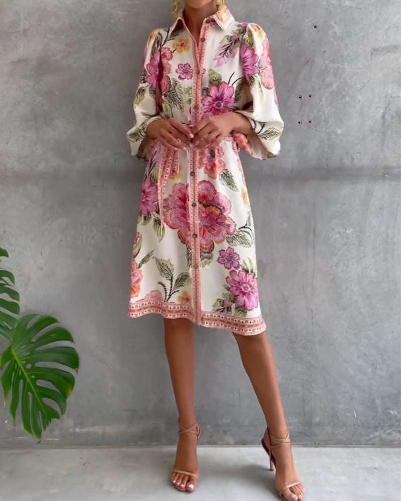 Robe manches lanternes à col cranté et imprimé de Danoir Paris, vêtement élégante pour femmes.