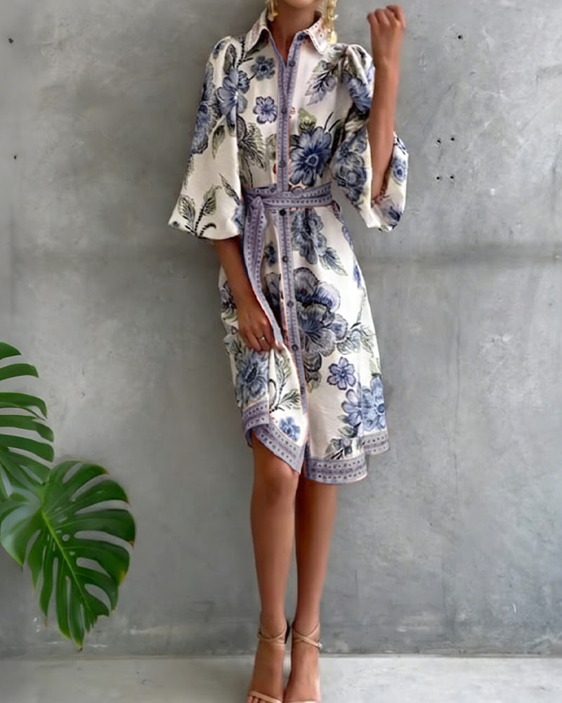 Robe Danoir Paris à manches lanternes, col cranté et imprimé, style élégant et féminin, portée sur mannequin.