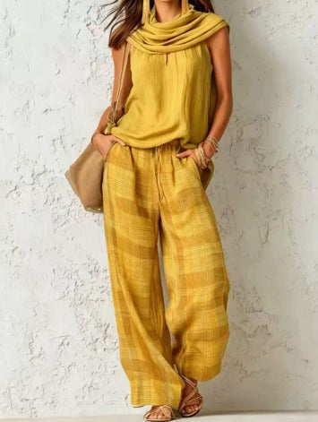 Ensemble Élise vert de Danoir Paris, style simple et naturel, avec haut et pantalon assortis, porté en mode décontracté.