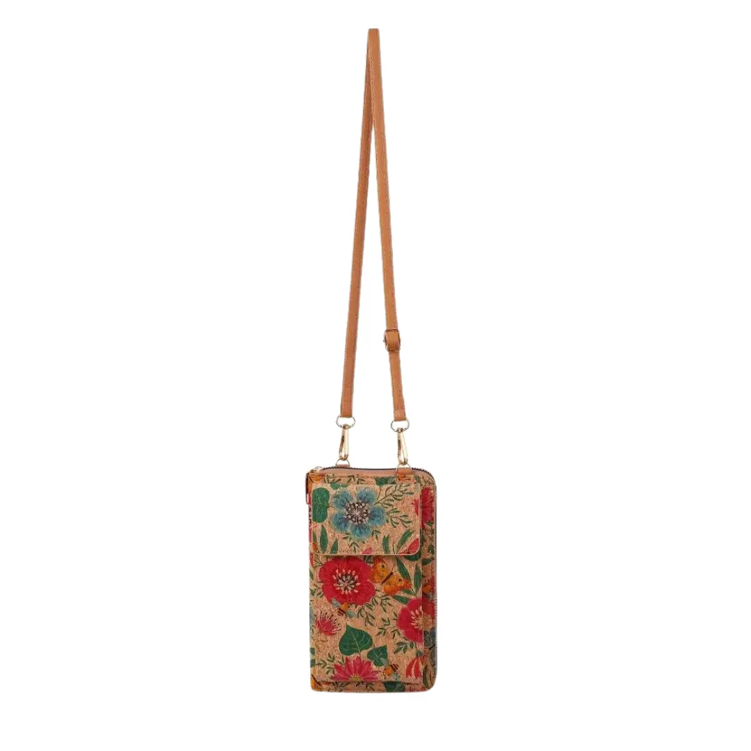 Sac bandoulière boho-floraison Nina Danoir Paris avec motifs floraux violets et détails en cuir naturel.
