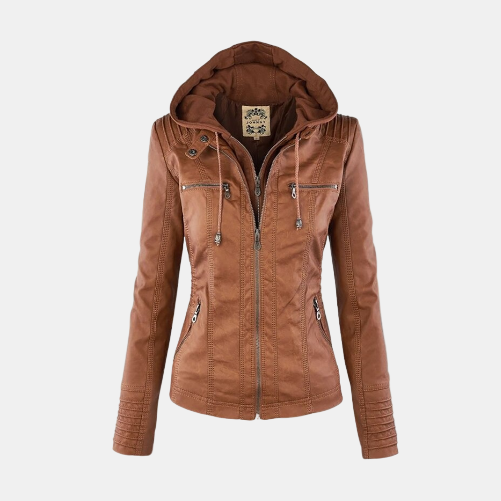 Veste chic élégante Danoir Paris Carmen en brun clair, coupe élégante, style moderne, pour femme.