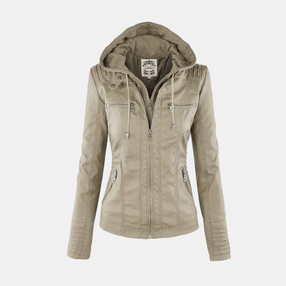 Veste chic élégante Danoir Paris Carmen en brun clair, coupe sophistiquée, détail féminin, style moderne et élégant.