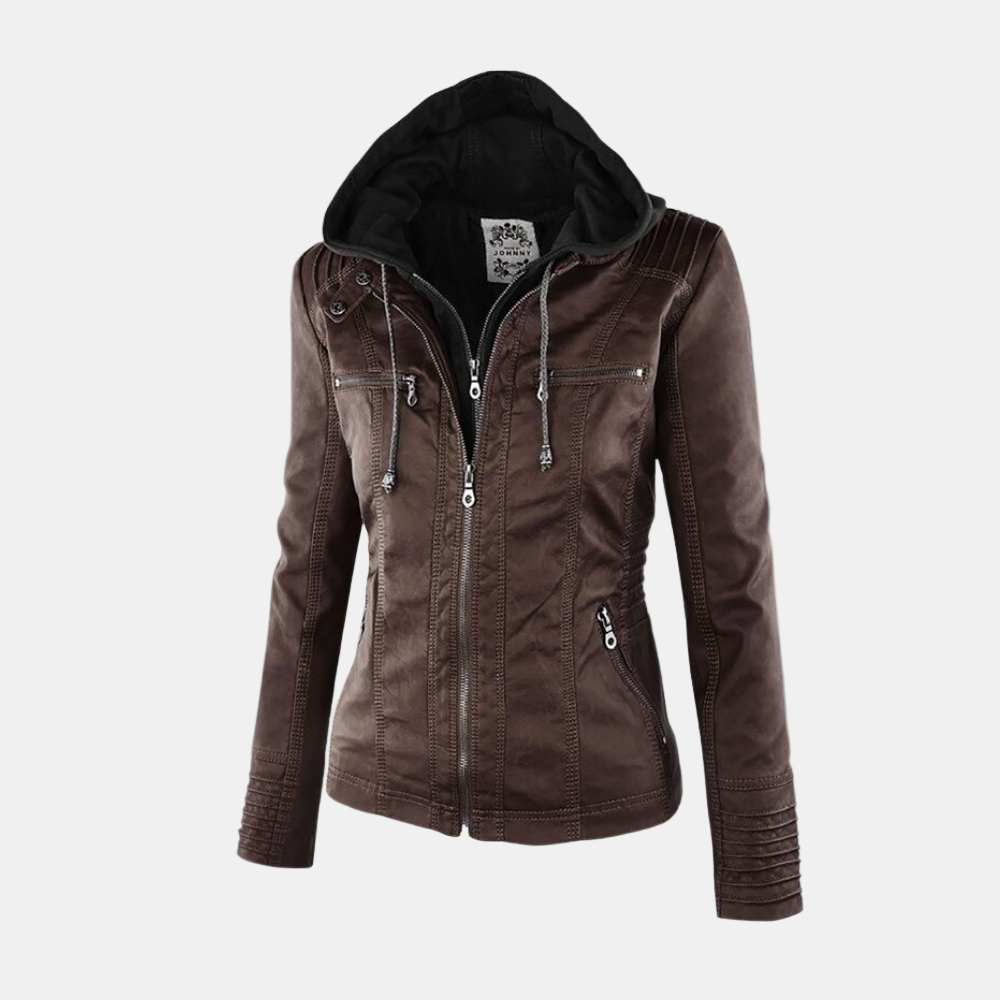 Veste chic élégante Danoir Paris Carmen FR1007 en brun clair, style sophistiqué, vue de face, tissu élégant, taille XXS