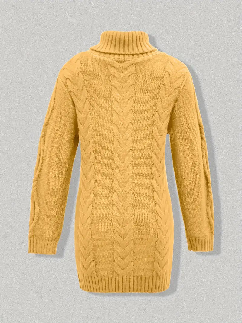 Robe turtleneck élégante Danoir Paris, modèle FR1031, en tissu fluide avec manches longues, couleur neutre, portée sophistiquée.