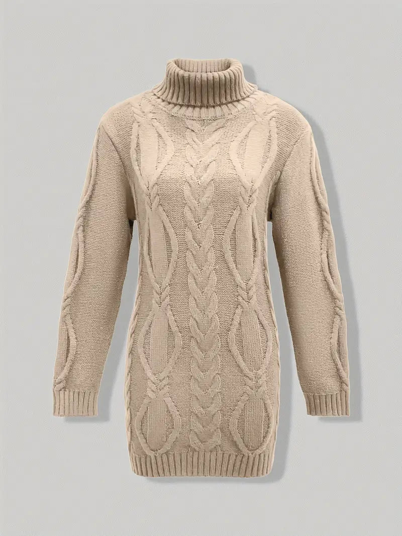 Robe turtleneck élégante Danoir Paris, modèle FR1031, en tissu fluide avec col montant, portée chic et sophistiquée.