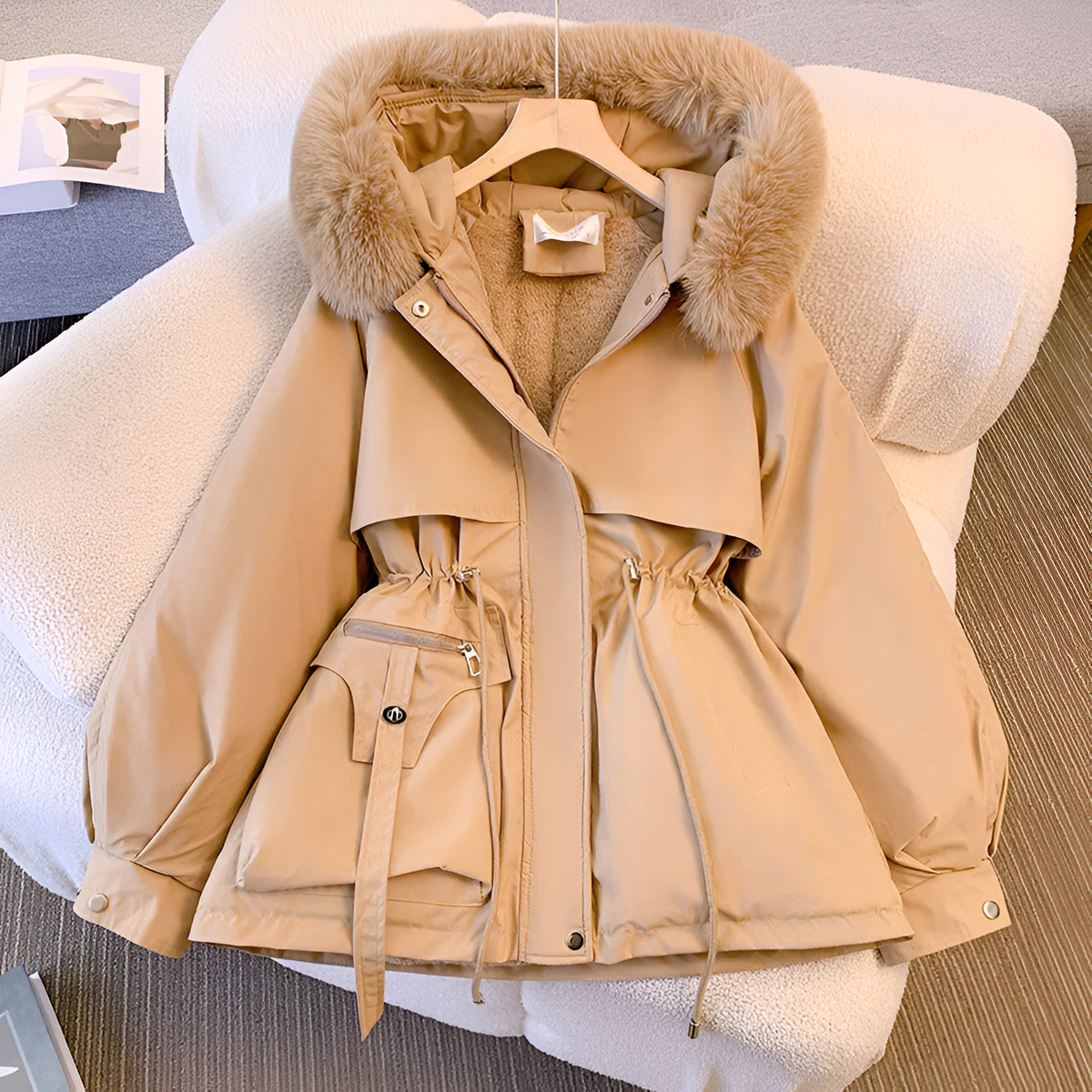 Manteau d'hiver élégant Laluna blanc de Danoir Paris, taille XS, veste chaude pour femme, vue de face.