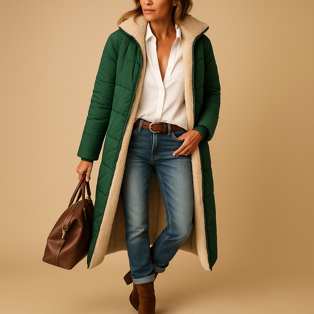 Manteau chic d'hiver Cassandra de Danoir Paris en noir, coupe élégante, détail sophistiqué, parfait pour la saison froide.