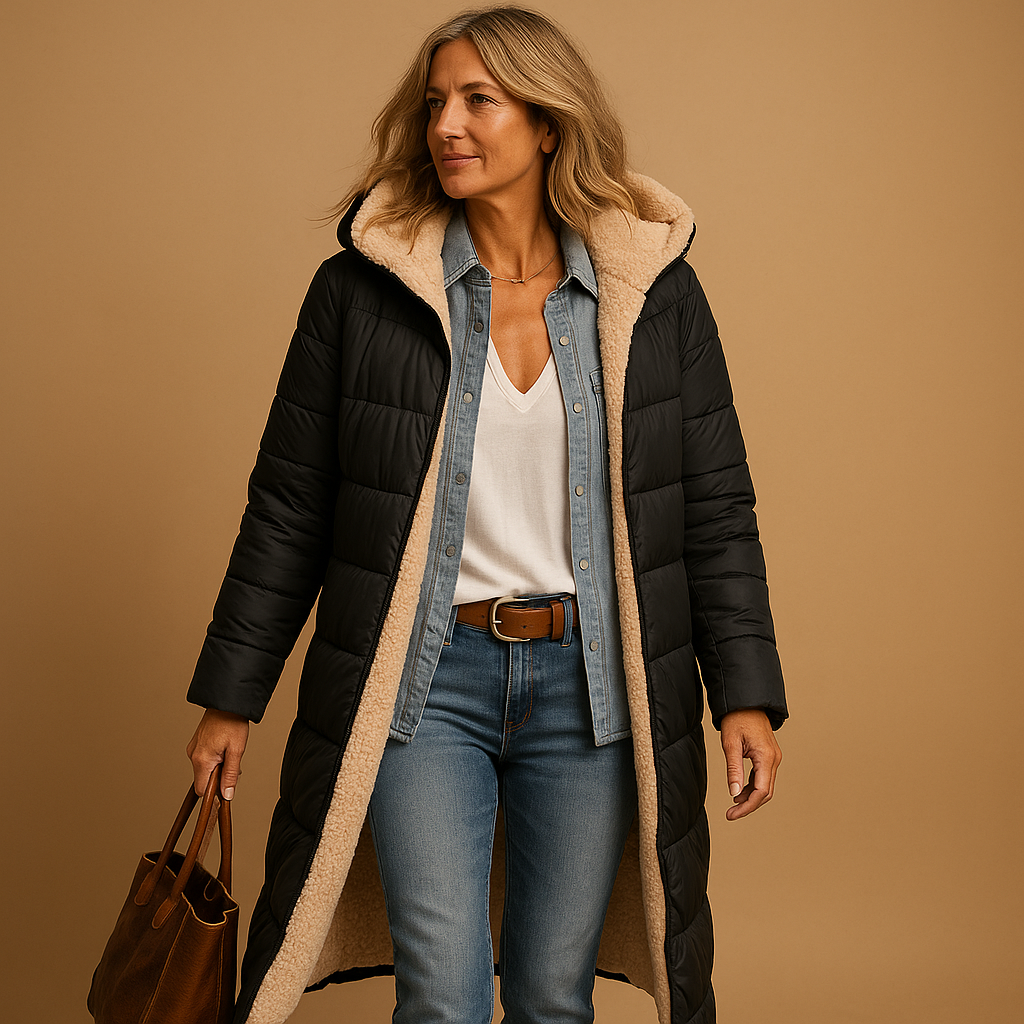 Manteau chic d'hiver Cassandra de Danoir Paris en noir, style élégant et chaud, vue sur le devant du vêtement.