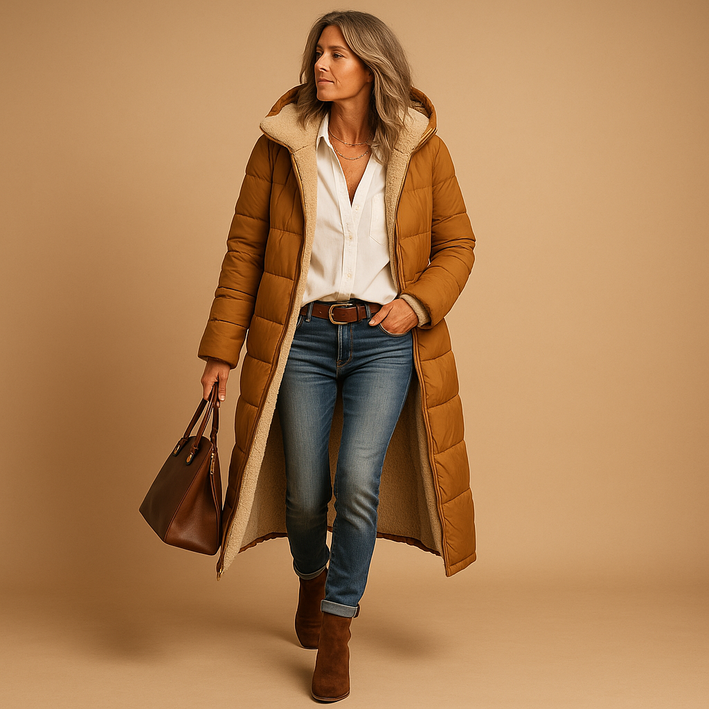 Manteau d'hiver chic noir Cassandra de Danoir Paris, coupe élégante, tissu chaud et sophistiqué, porté en hiver.