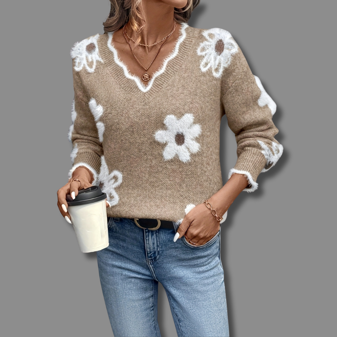 Pull floral élégant Thea de Danoir Paris, en tissu doux avec motifs floraux colorés, porté sur un mannequin.