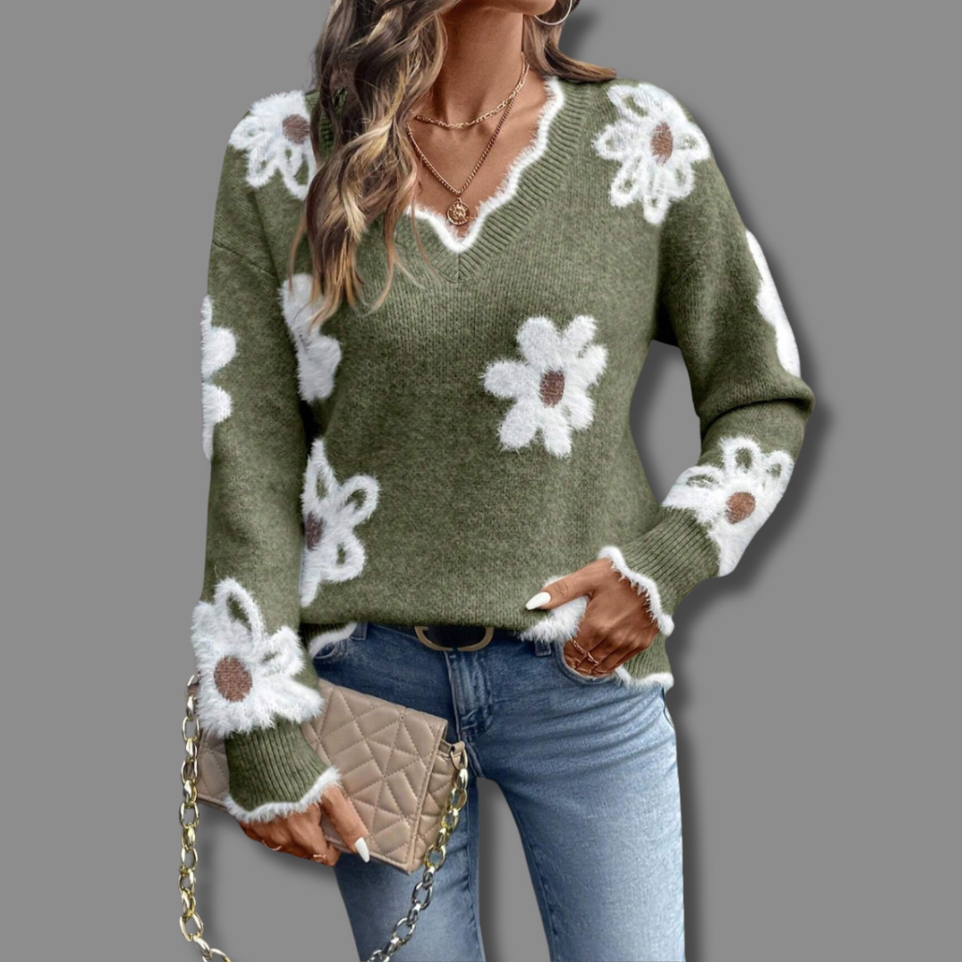 Pull floral élégant Thea de Danoir Paris avec motifs floraux colorés et coupe sophistiquée, vue de face.