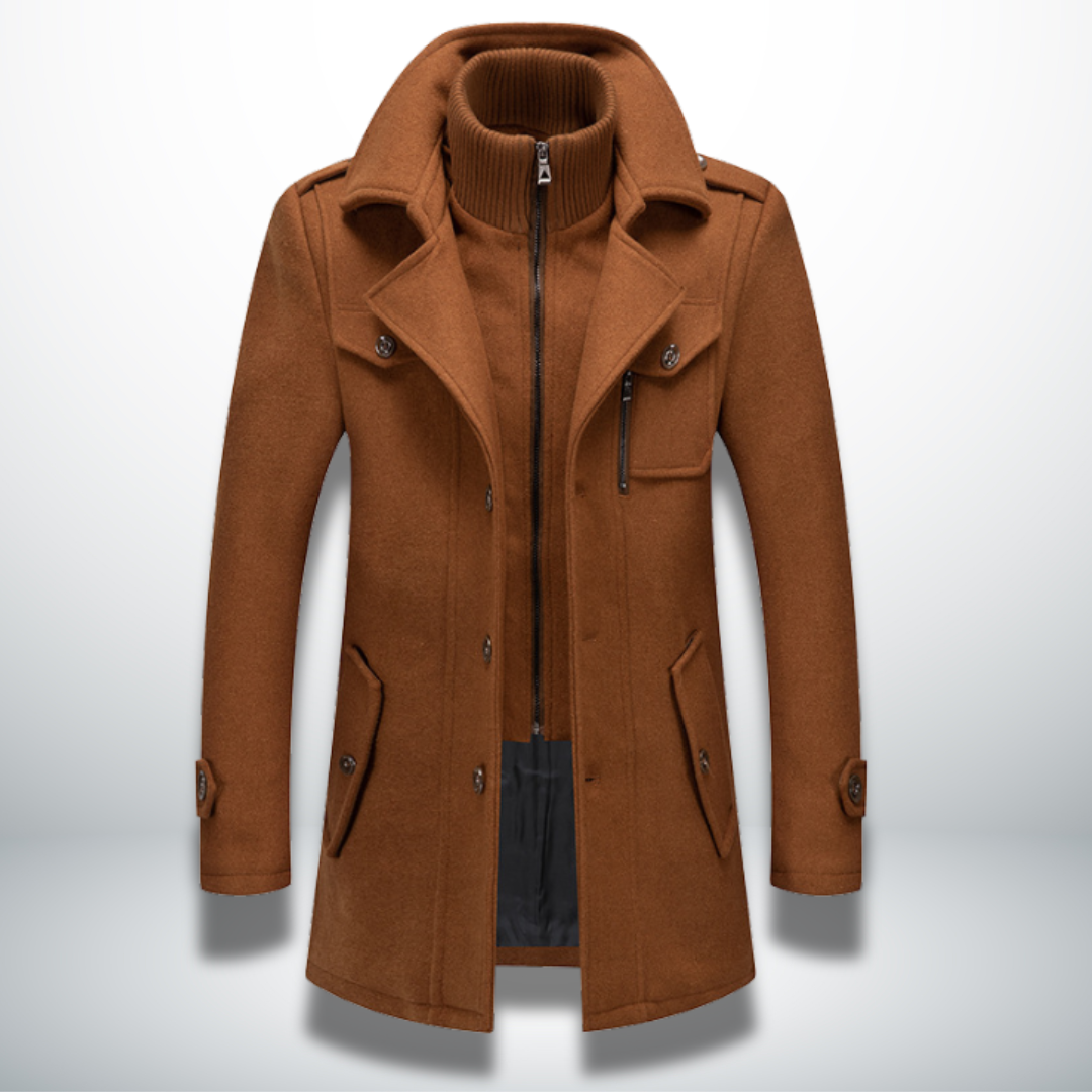 Manteau d'hiver élégant Danoir Paris Angelo en tissu bleu marine, coupe sophistiquée et détails raffinés.