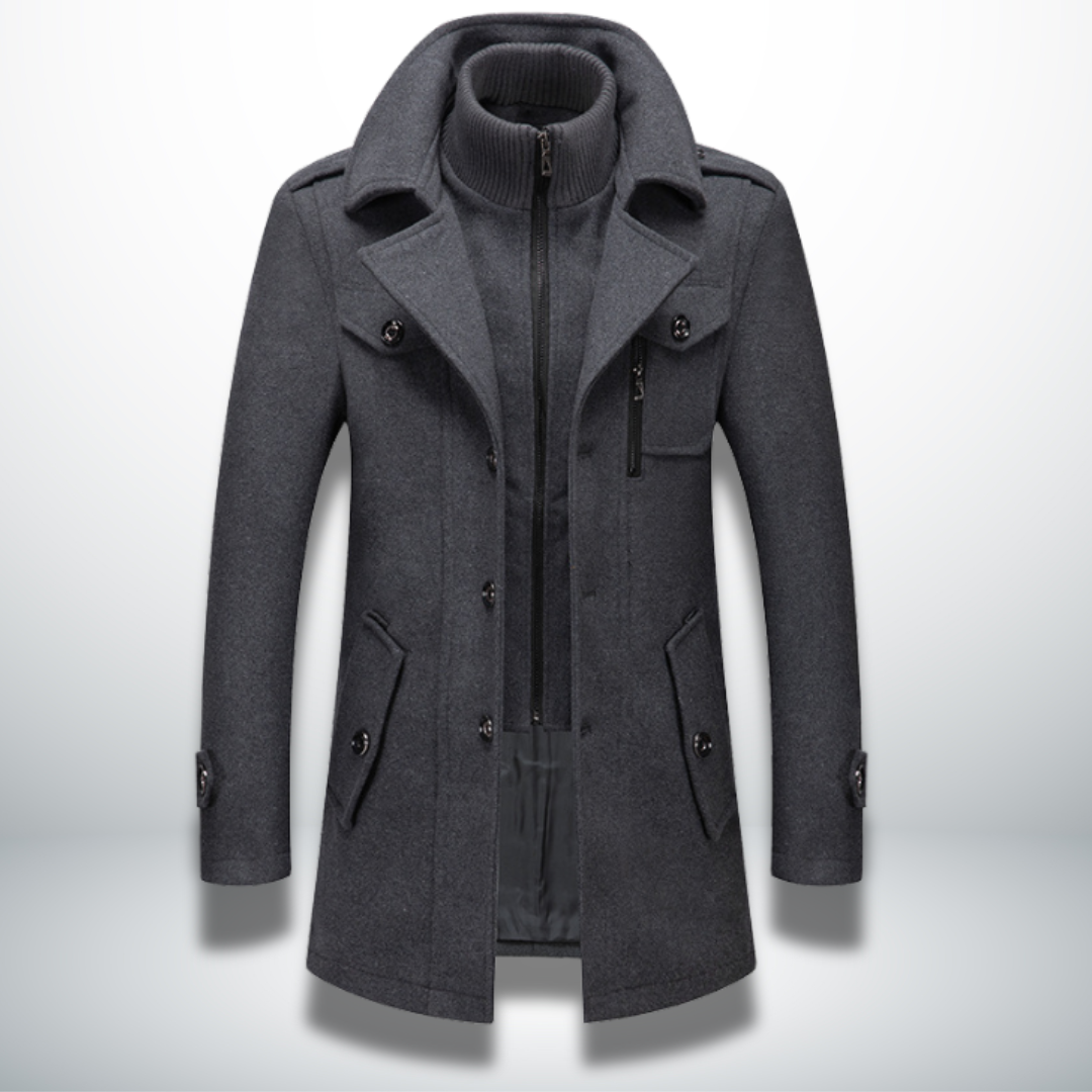 Manteau d'hiver élégant Angelo Danoir Paris en laine bleu marine, coupe classique et détails raffinés pour homme.