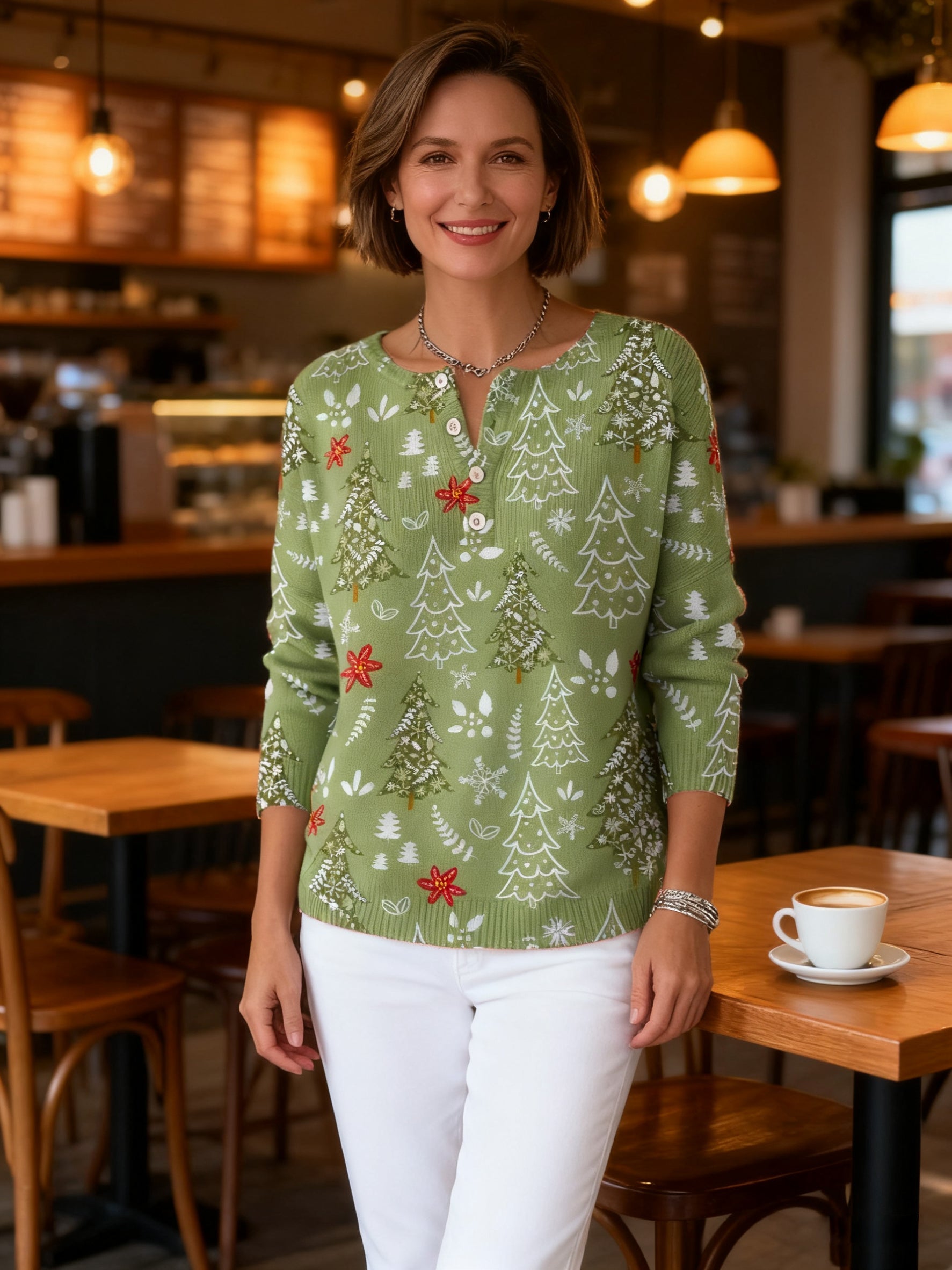 Pull de Noël festif Sofie de Danoir Paris, chandail rouge avec motifs de fête et détails festifs, pour la saison hivernale.