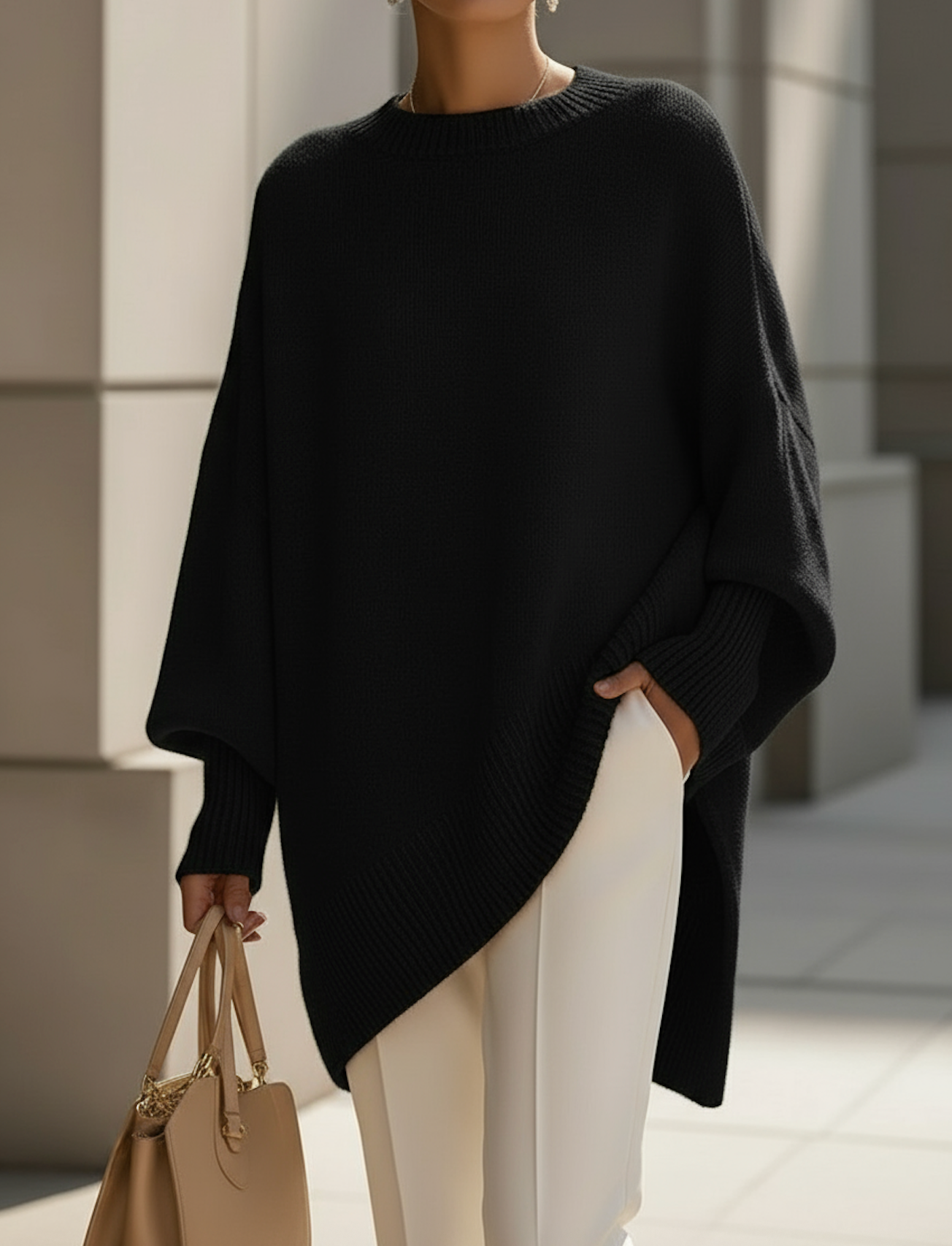 Pull oversize élégant Danoir Paris, maglione en maille douce, couleur neutre, porté sur mannequin, style moderne et confortable.