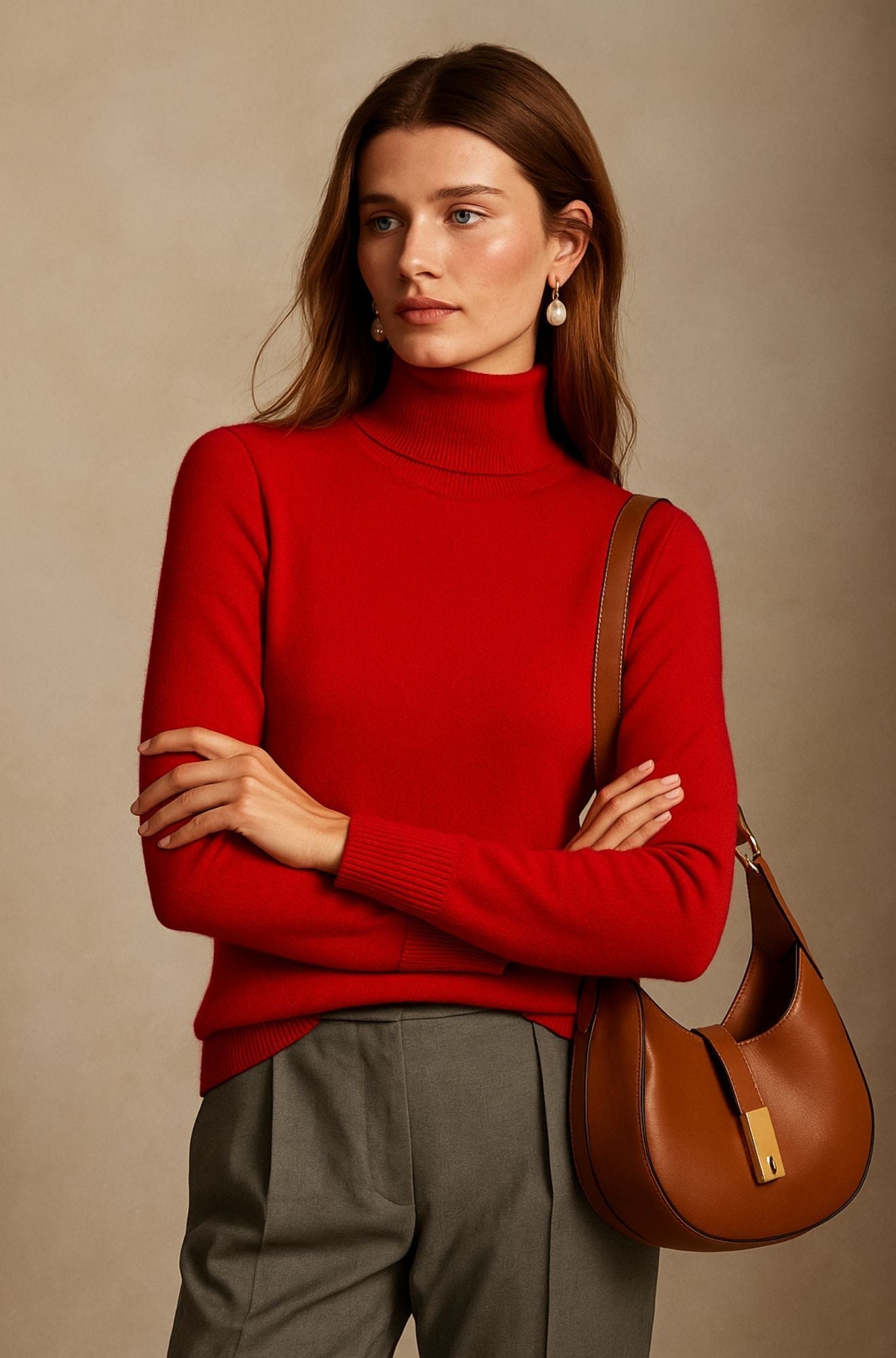 Pull col roulé luxueux Amara de Danoir Paris, en tissu doux, couleur neutre, porté sur un mannequin, style élégant et confortable.