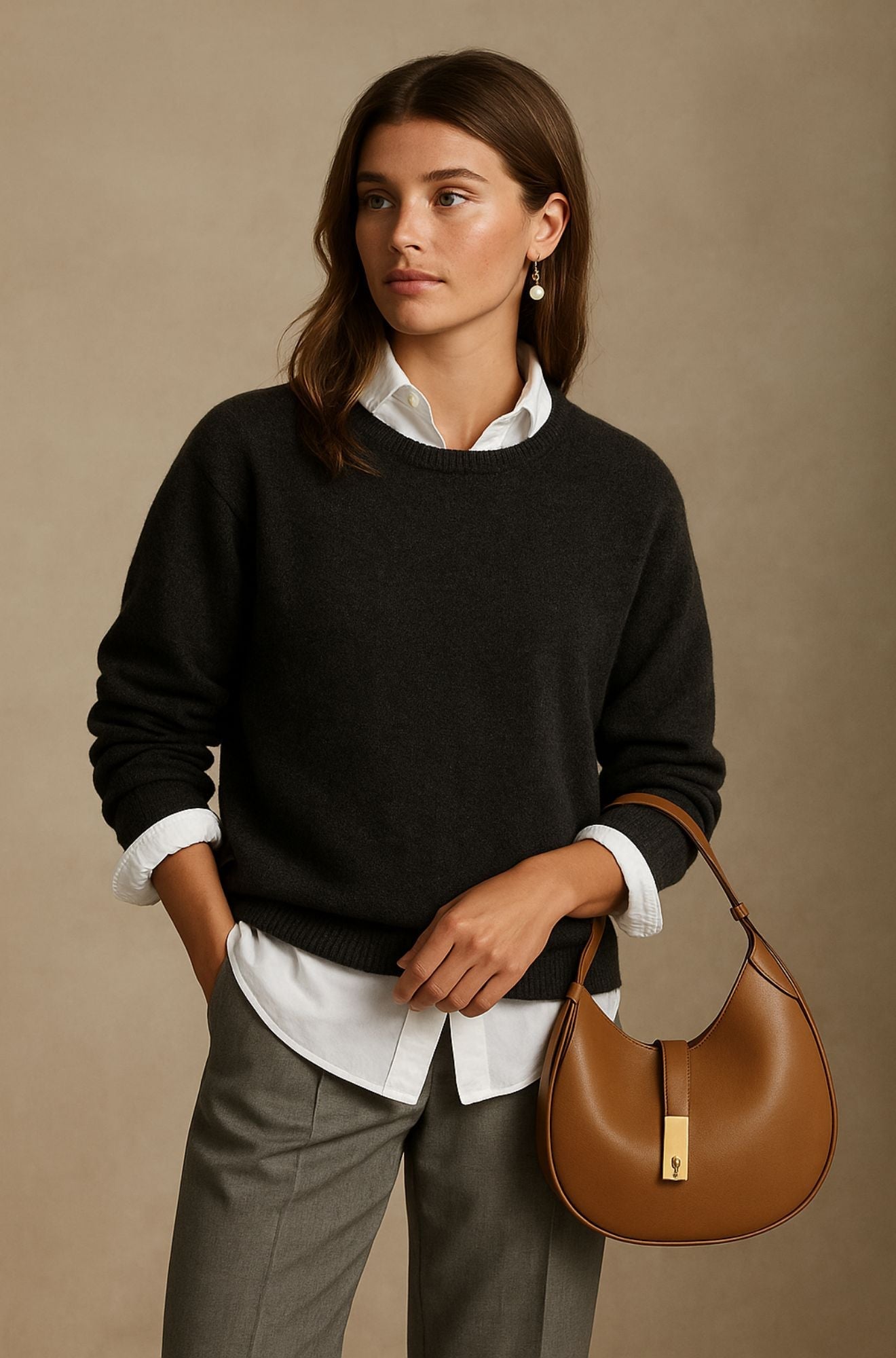 Pull doux et chic Clarisse de Danoir Paris, en coton gris avec manches longues et style élégant, porté sur mannequin.