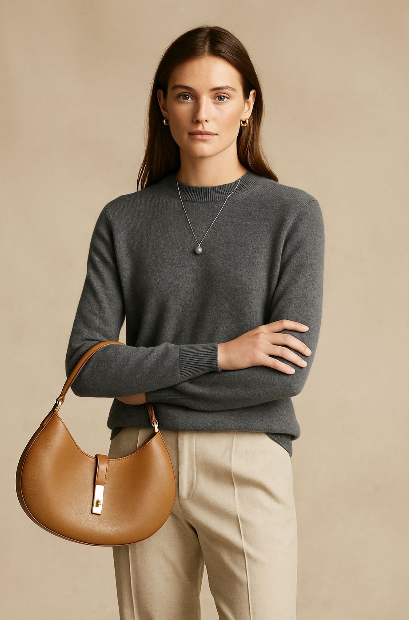 Pull en cachemire élégant Danoir Paris, modèle FR1287, couleur neutre, porté sur un mannequin.