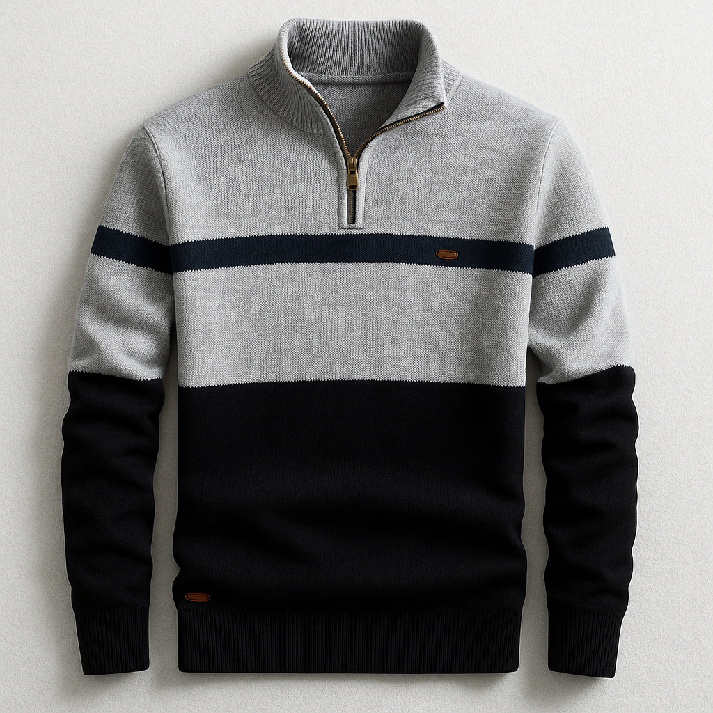Pull ajusté élégant Danoir Paris Elston, en tissu fin, couleur neutre, affiché sur mannequin avec col en V et manches longues.