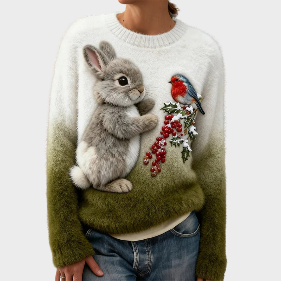 Pull en peluche festif Luna de Danoir Paris, doux et chaud, avec motifs colorés pour l'hiver ou les fêtes.
