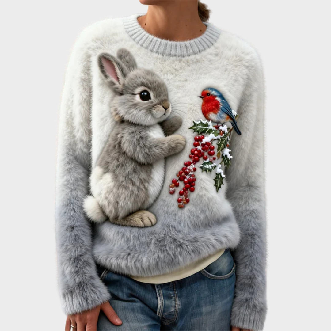 Pull en peluche festif Luna de Danoir Paris, vêtement doux avec motifs colorés, parfait pour la saison hivernale.